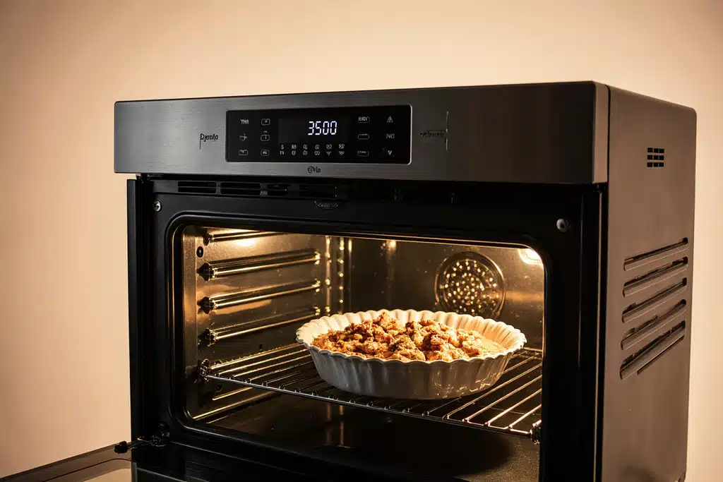 Oven preheating display with greased baking dish ready for pecan pie dump cake