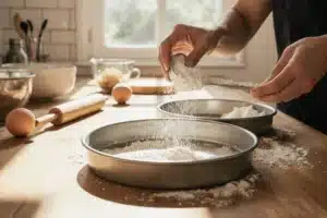 Easy Paula Deen Strawberry Cake Recipe with Creamy Strawberry Frosting 4 Greased and floured cake pans ready for Paula Deen strawberry cake batter