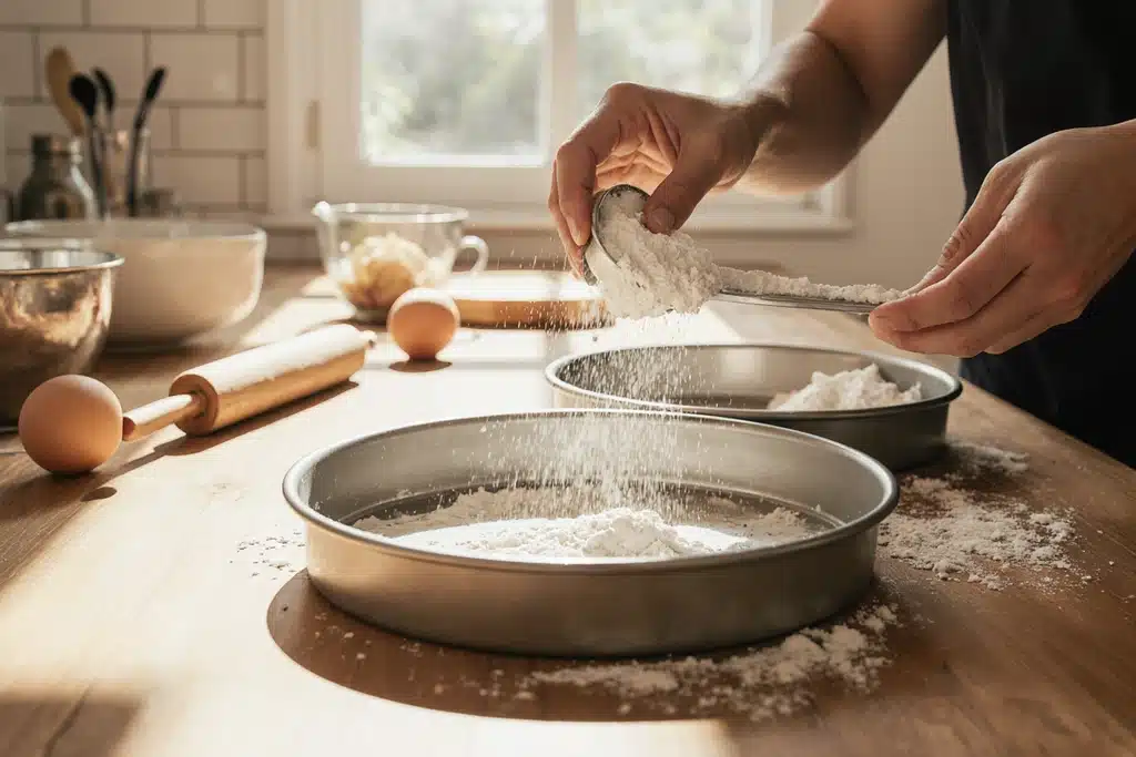 Easy Paula Deen Strawberry Cake Recipe with Creamy Strawberry Frosting 11 Greased and floured cake pans ready for Paula Deen strawberry cake batter