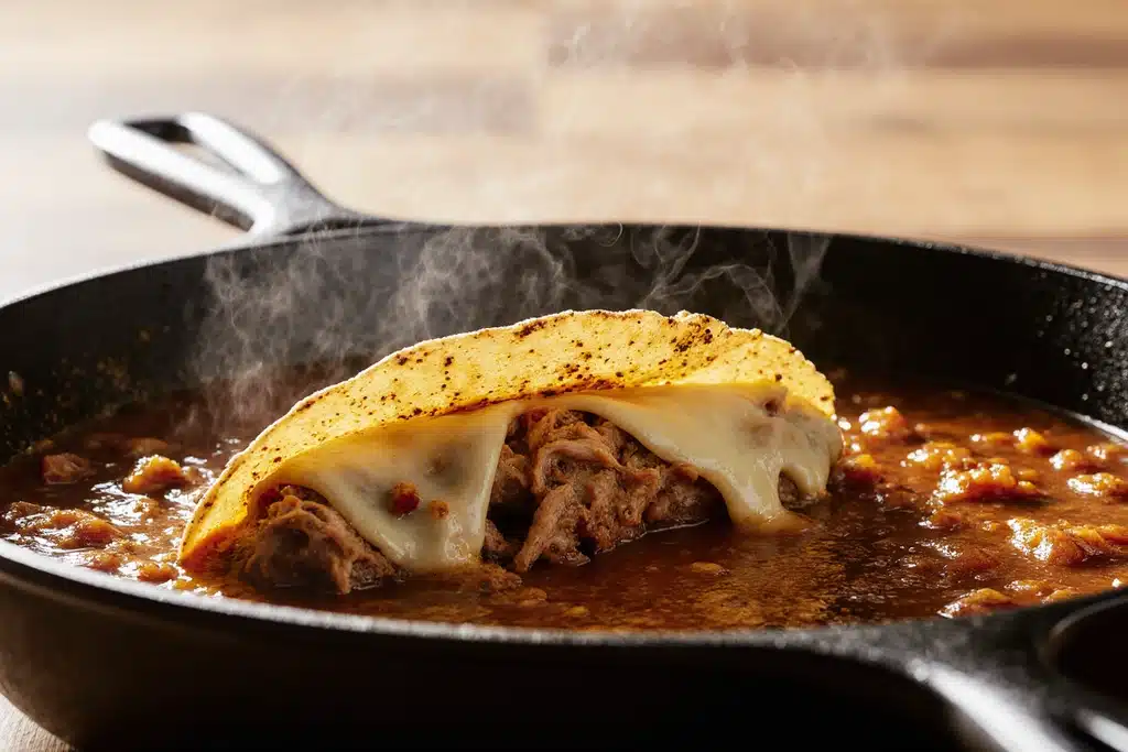 Chicken Birria Tacos Recipe: Authentic Mexican Flavor (Oven, Instant Pot & Slow Cooker) 9 Frying chicken birria tacos with cheese in skillet