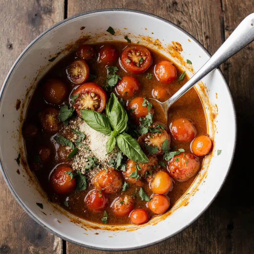 Mixing fresh cherry tomatoes, garlic, and basil for burrata bruschetta topping