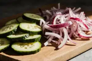 Quick Pickle Recipe: Ready in 30 Minutes with Crunchy Flavor 4 Fresh cucumbers and onions being sliced for quick pickle recipe