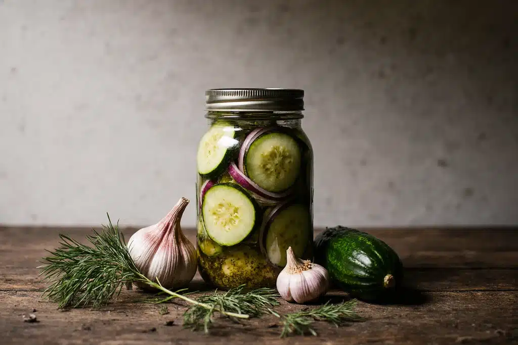 Quick pickle recipe jars with fresh cucumbers and herbs