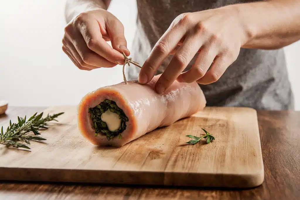 Chicken Roulade Recipe (Step-by-Step Guide with 3 Fillings + Pro Tips) 4 Chicken Roulade rolling and tying with kitchen twine