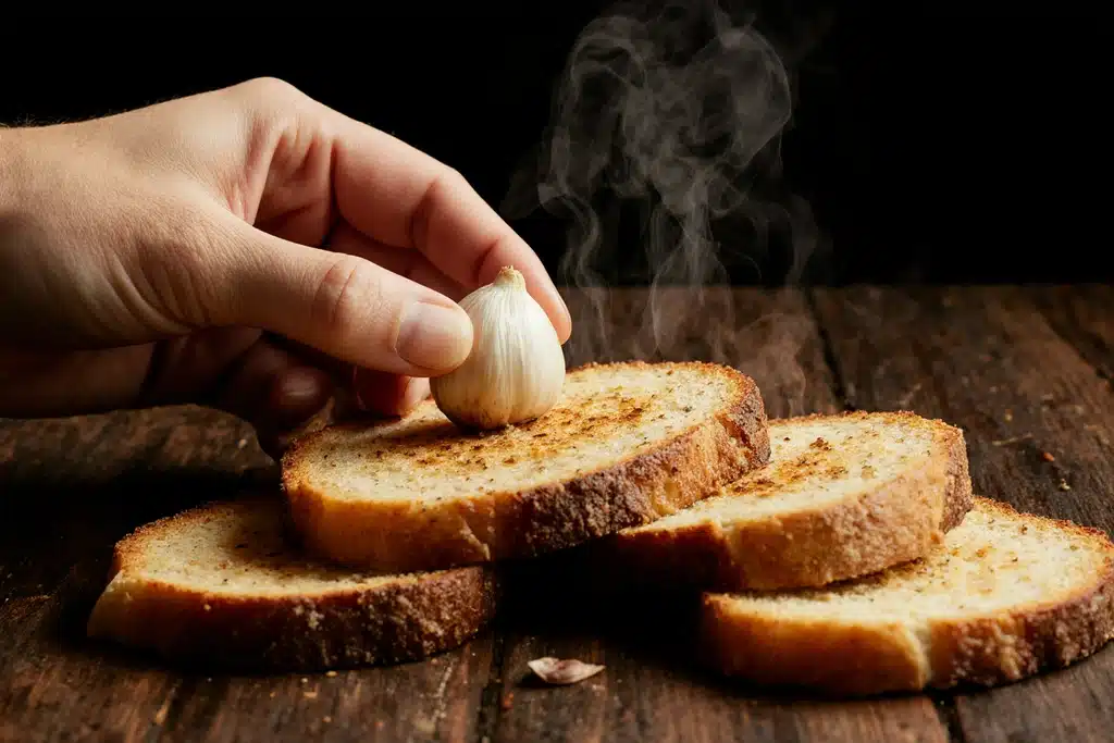 Garlic clove rubbed on toasted bread slices for burrata bruschetta