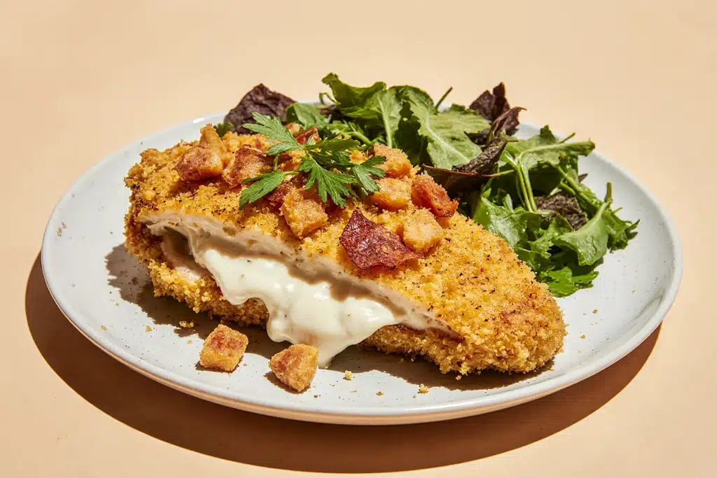 Cream cheese and bacon stuffed doritos chicken served on plate
