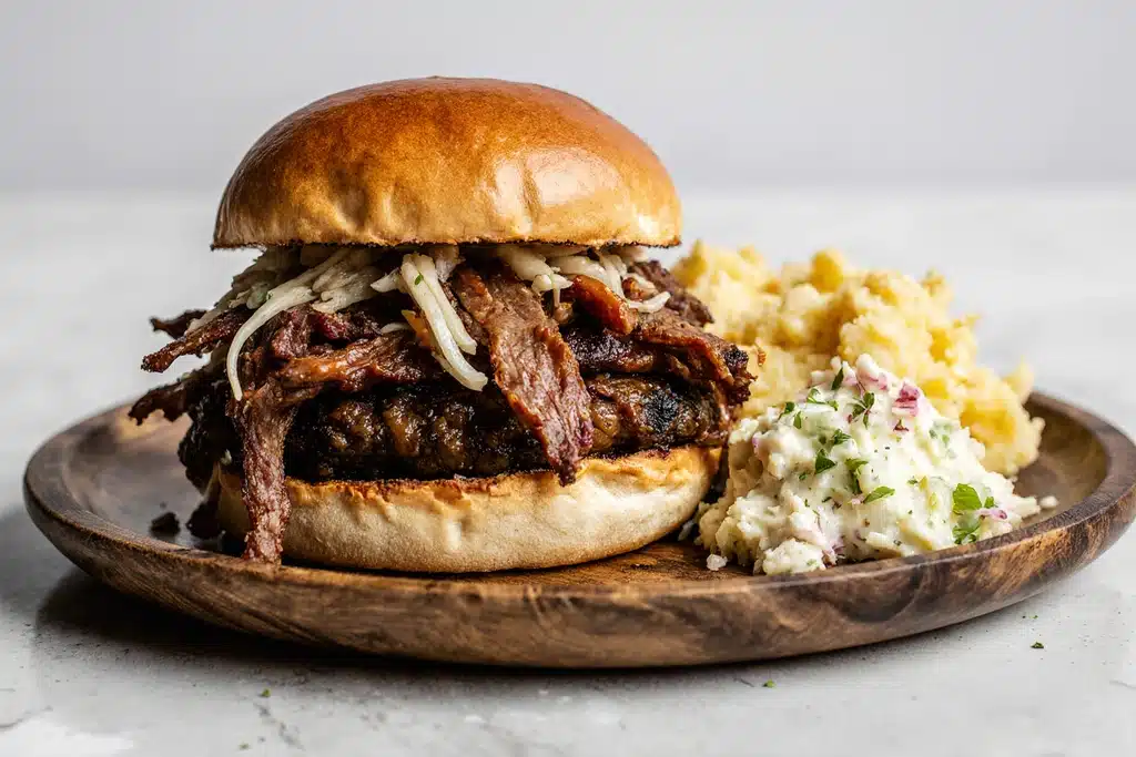 Served brisket sandwich with sides