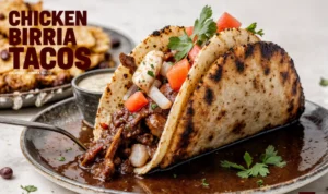 Chicken Birria Tacos Recipe: Authentic Mexican Flavor (Oven, Instant Pot & Slow Cooker) 21 Chicken birria tacos served with consommé and garnishes