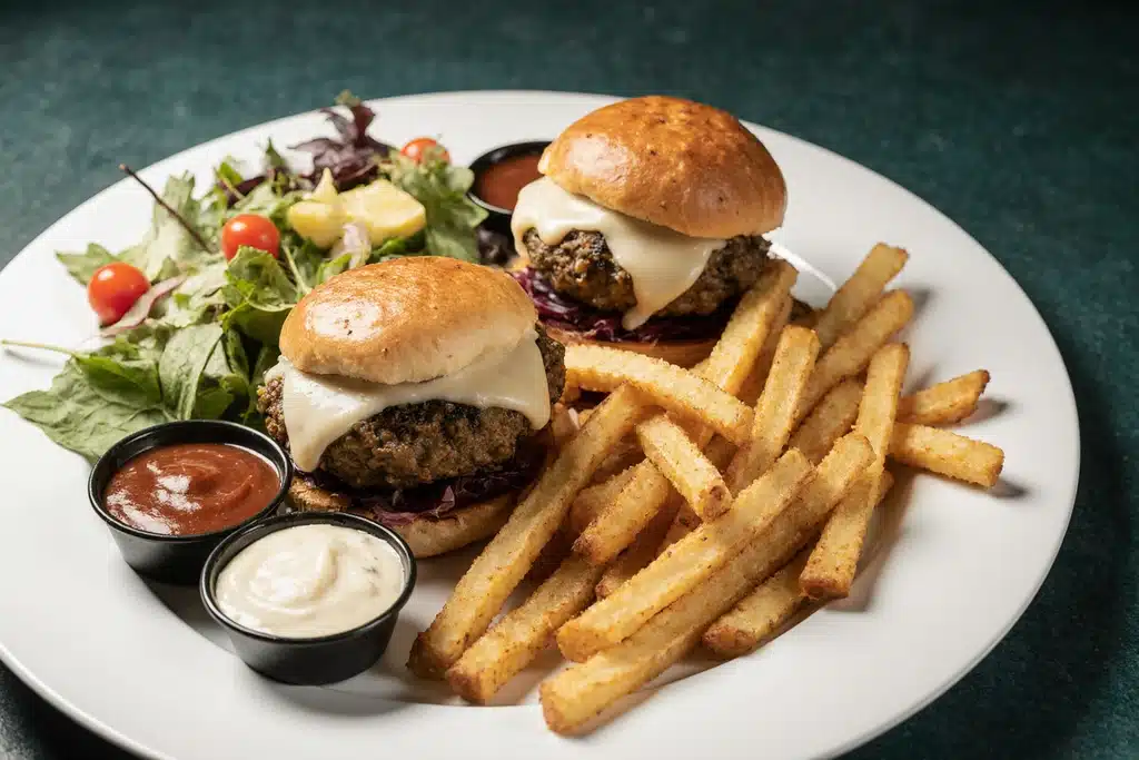 Serving garlic parmesan cheeseburger bombs with fries and salad
