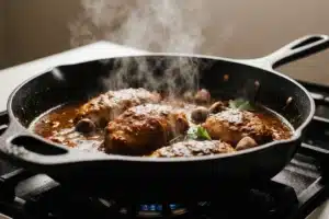 Chicken simmering in rich moes adobo chicken​ sauce