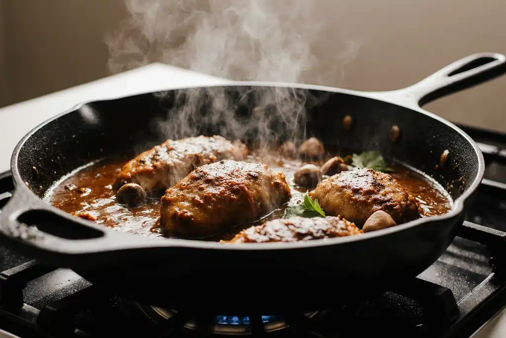 Chicken simmering in rich moes adobo chicken​ sauce