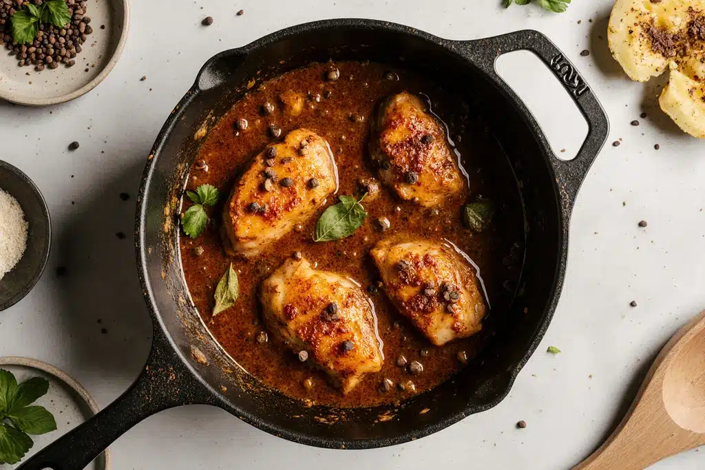 Adobo Chicken Moes - Copycat Moe's Southwest Grill Recipe 4 Chicken simmering in adobo sauce for Adobo Chicken Moes