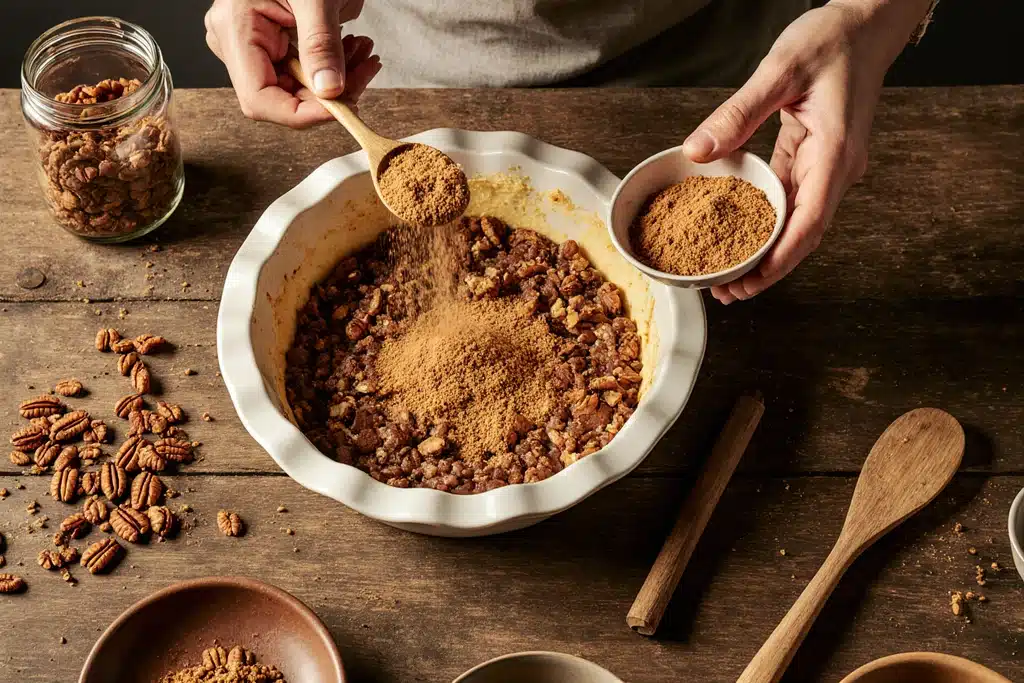 Image showing the step 'Sprinkle the Cake Mix and Spices' in making a pecan pie dump cake recipe