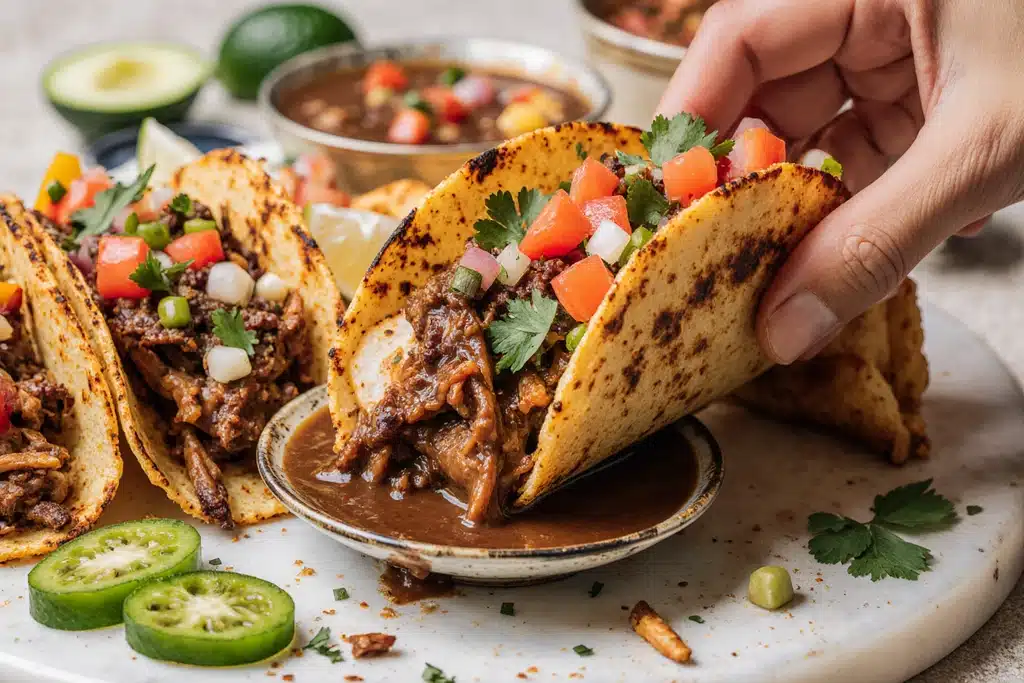 Chicken Birria Tacos: The Ultimate Recipe for Crispy, Juicy Flavor 7 Served chicken birria tacos with consomme and garnishes