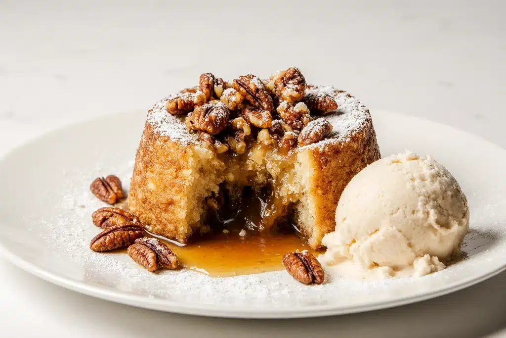 Image showing the preparation of a pecan pie dump cake recipe with ingredients and utensils.