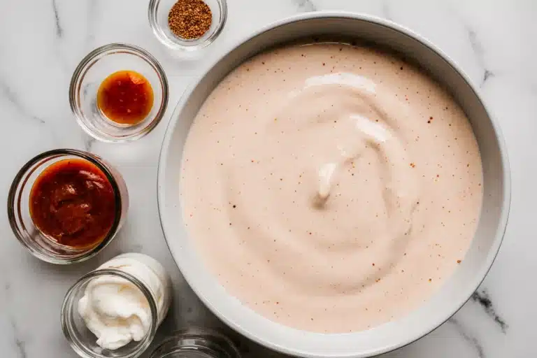 asy and Delicious Recipes for Every Day – Yumm Yum Recipes 5 A bowl of creamy pink yum yum sauce recipe with fresh ingredients