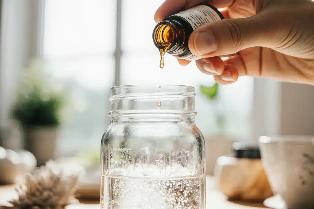 How to Make Effective Homemade Mouthwash Recipe 12 Pouring peppermint oil and baking soda into homemade mouthwash recipe bottle