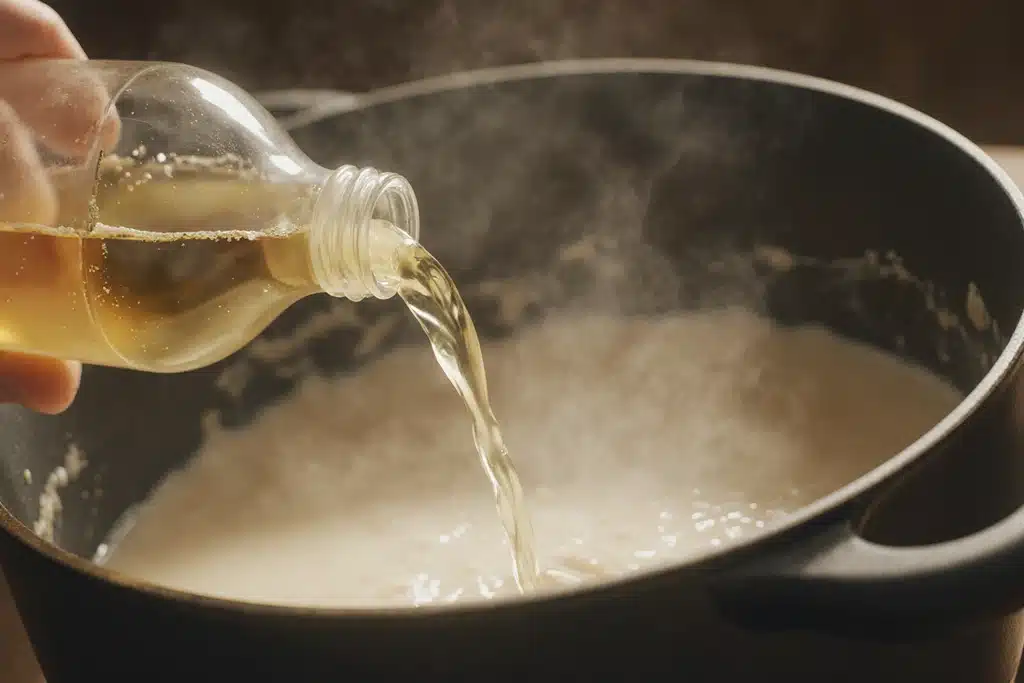 How to Make the Perfect Asiago Cream Sauce (Best Recipe + Tips) 13 White wine being poured into roux in a saucepan for Asiago cream sauce