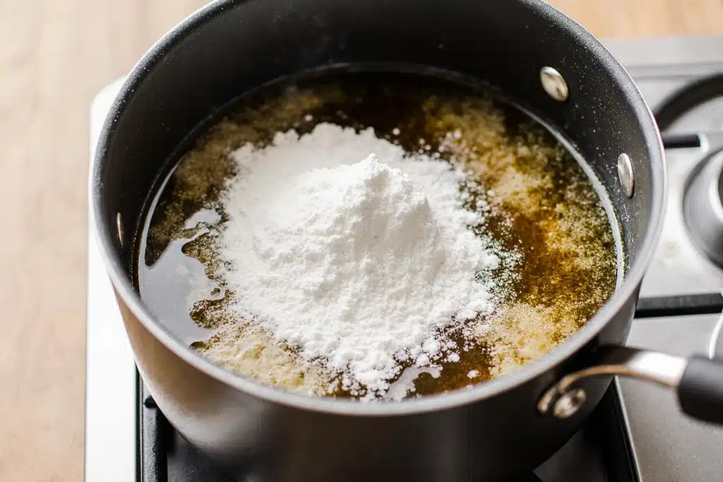 How to Make the Perfect Asiago Cream Sauce (Best Recipe + Tips) 12 All-purpose flour being stirred into butter to make roux for Asiago cream sauce