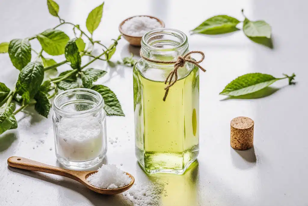 How to Make Effective Homemade Mouthwash Recipe 1 Ingredients and materials for homemade mouthwash recipe laid out on rustic kitchen table