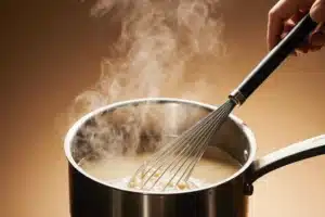 How to Make the Perfect Asiago Cream Sauce (Best Recipe + Tips) 7 Heavy cream being whisked into sauce base for Asiago cream sauce on stove