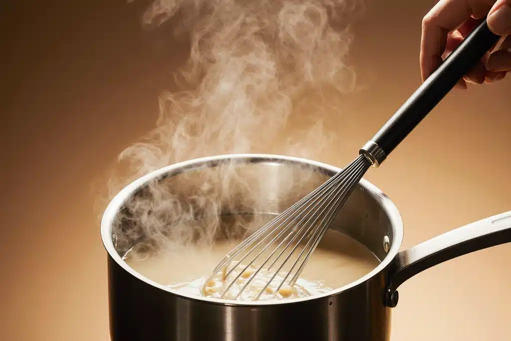 How to Make the Perfect Asiago Cream Sauce (Best Recipe + Tips) 14 Heavy cream being whisked into sauce base for Asiago cream sauce on stove