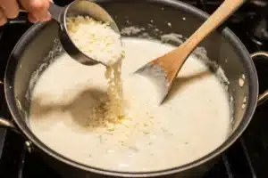 How to Make the Perfect Asiago Cream Sauce (Best Recipe + Tips) 8 Asiago cheese being melted into creamy sauce for Asiago cream sauce