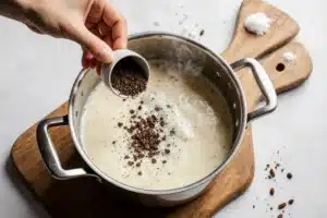 How to Make the Perfect Asiago Cream Sauce (Best Recipe + Tips) 9 Salt and black pepper being added to Asiago cream sauce for seasoning