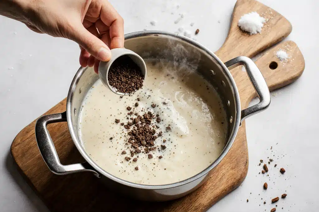 How to Make the Perfect Asiago Cream Sauce (Best Recipe + Tips) 16 Salt and black pepper being added to Asiago cream sauce for seasoning