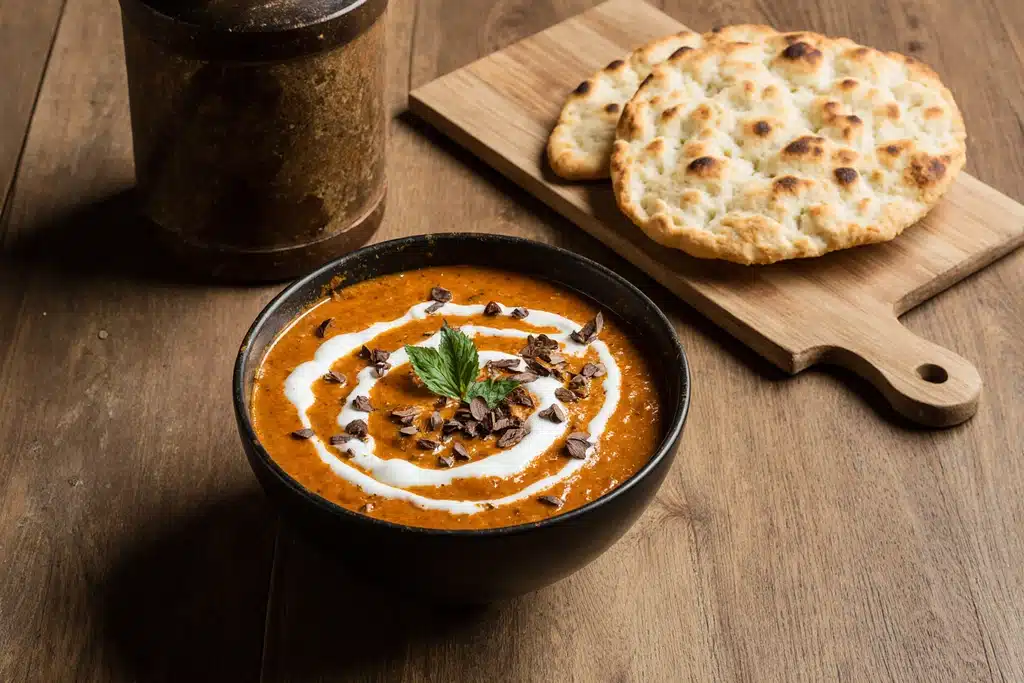 Authentic Makhani Sauce Recipe | Easy Butter Chicken Sauce 15 Serving bowl and storage container of makhani sauce with naan bread