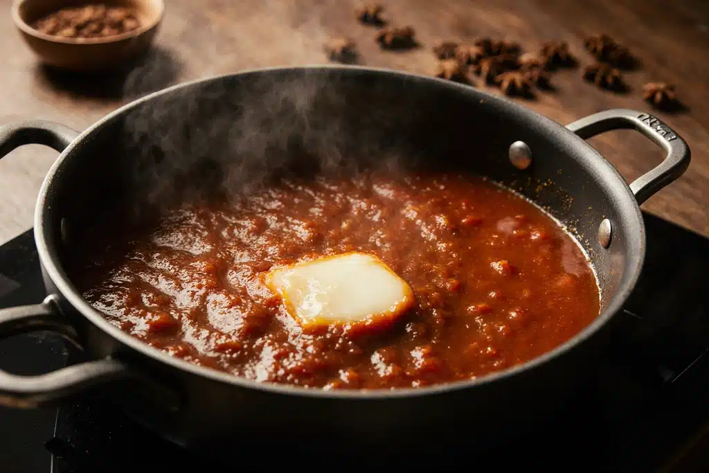 Authentic Makhani Sauce Recipe | Easy Butter Chicken Sauce 12 Simmering makhani sauce with butter and warm spices