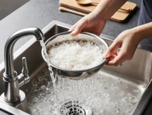 Step 1 Rinse Rice for Spicy Salmon Sushi Bake