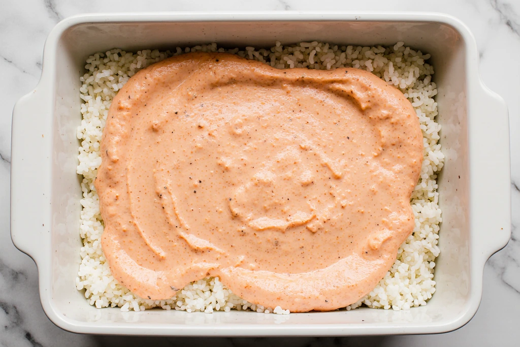 Step 10 Spread Salmon for Spicy Salmon Sushi Bake