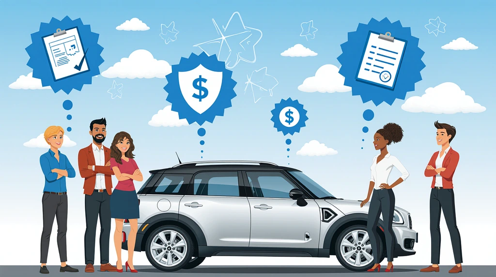 Diverse US family with SUV and car insurance icons for protection and savings.