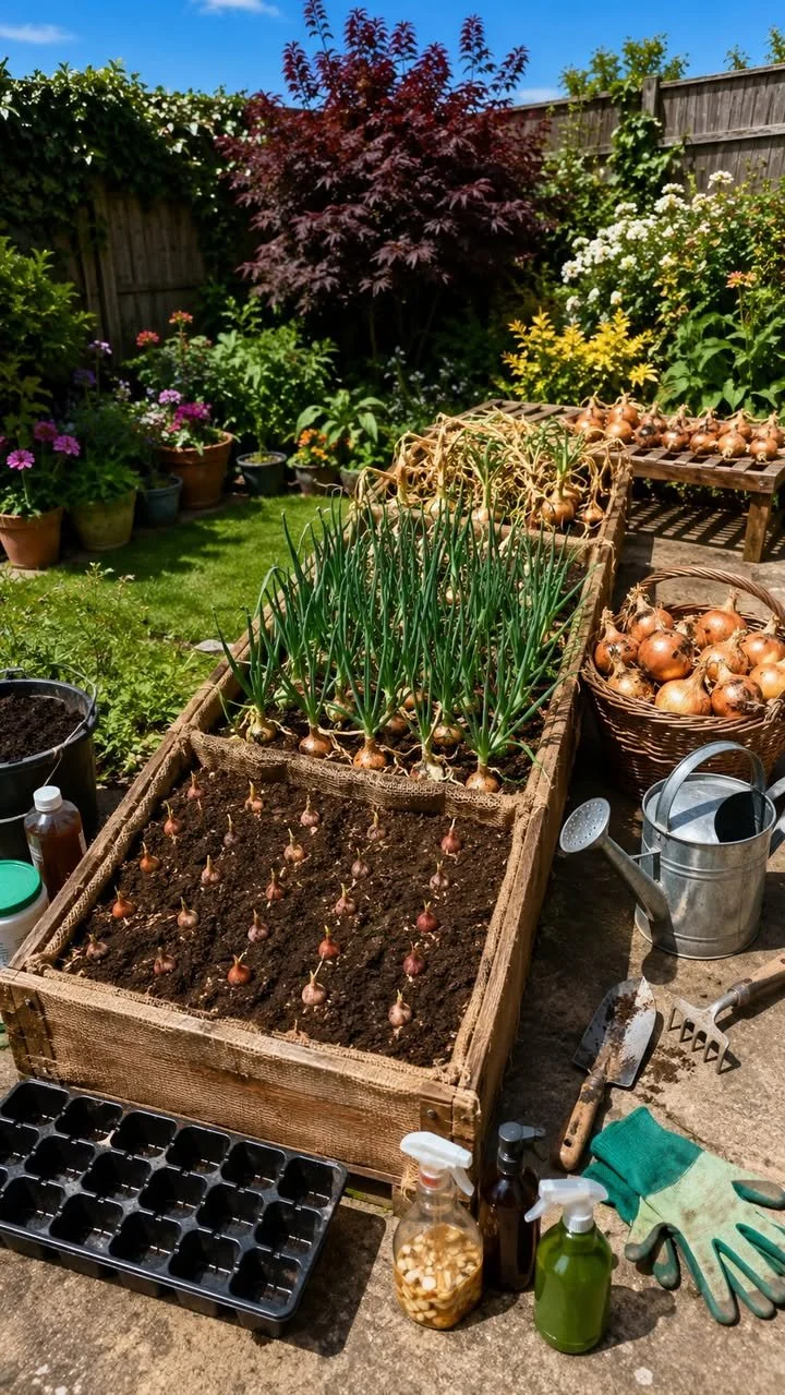 Backyard crate filled with onions for small space gardening