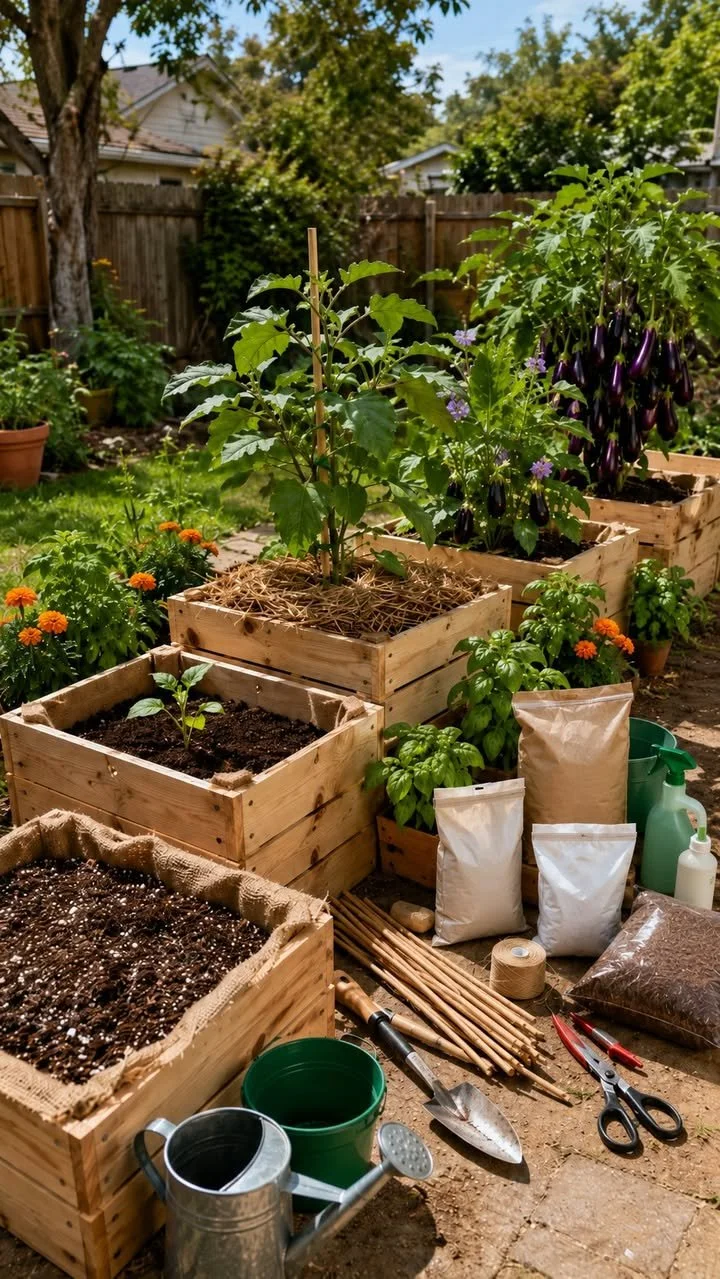 Backyard Eggplant Farming Using Sturdy Crates 1 Backyard eggplant farming using sturdy crates for improved yield.