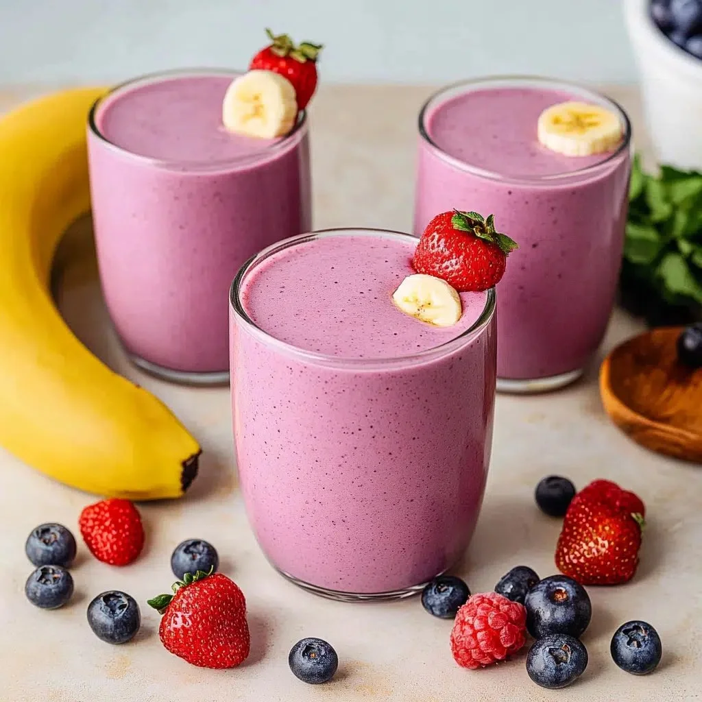 Banana Berry Protein Smoothie 1 Banana Berry Protein Smoothie with fresh fruits and protein powder