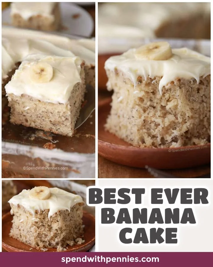 Banana Cake with Lemon Cream Cheese Frosting 1 Slice of banana cake with lemon cream cheese frosting on a white plate