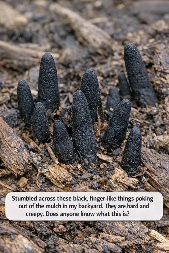 Black Finger-Like Objects in Mulch: What Are They? 1 Close-up of black finger-like objects found in garden mulch.