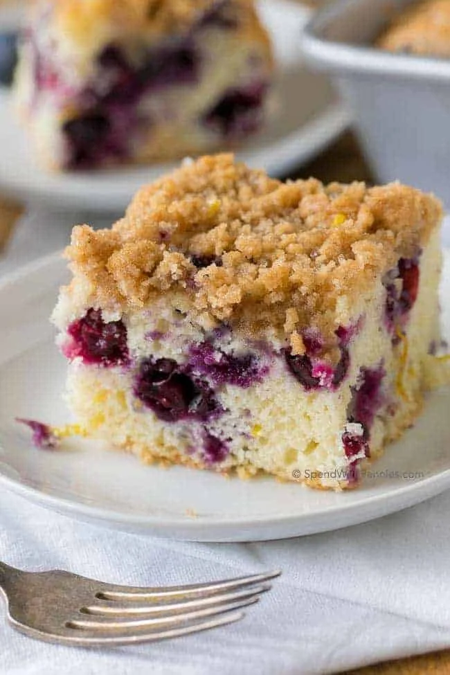 Blueberry Buckle Recipe 1 Freshly baked blueberry buckle topped with streusel and blueberries