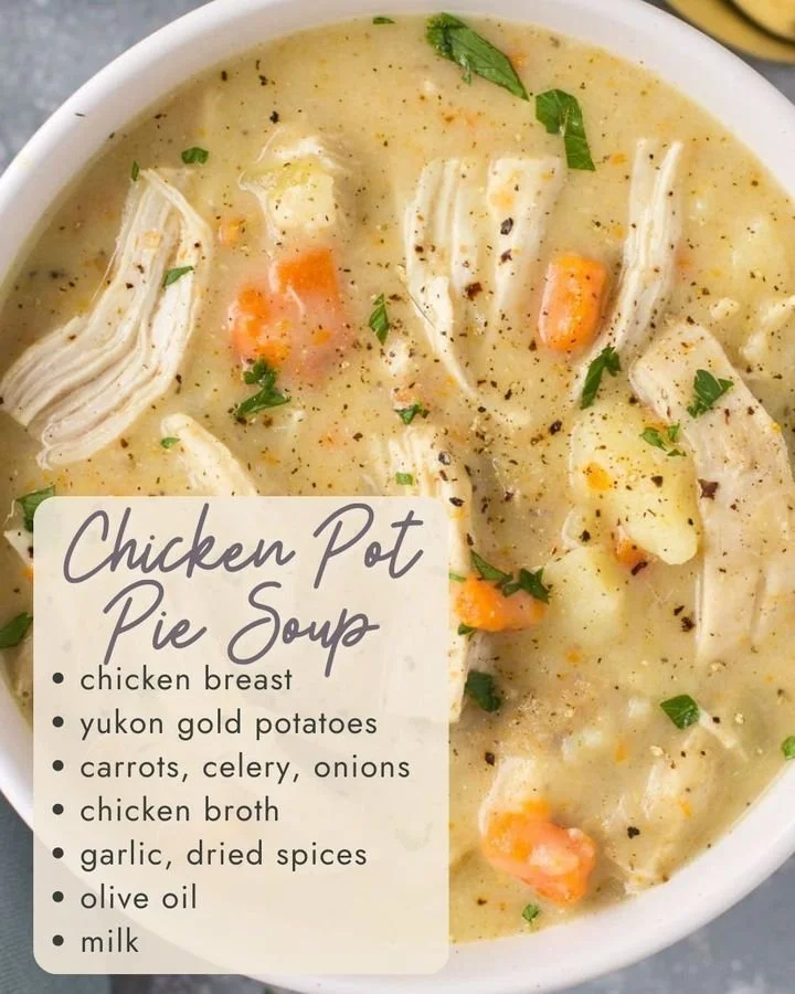 Chicken Pot Pie Soup Recipe 1 Delicious bowl of Chicken Pot Pie Soup topped with fresh herbs