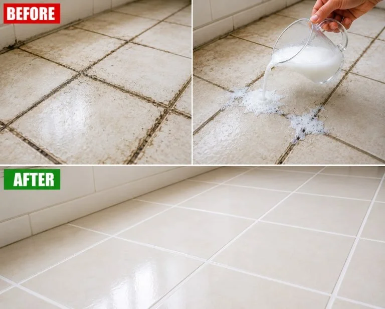 Before and after clean tile grout transformation on floors