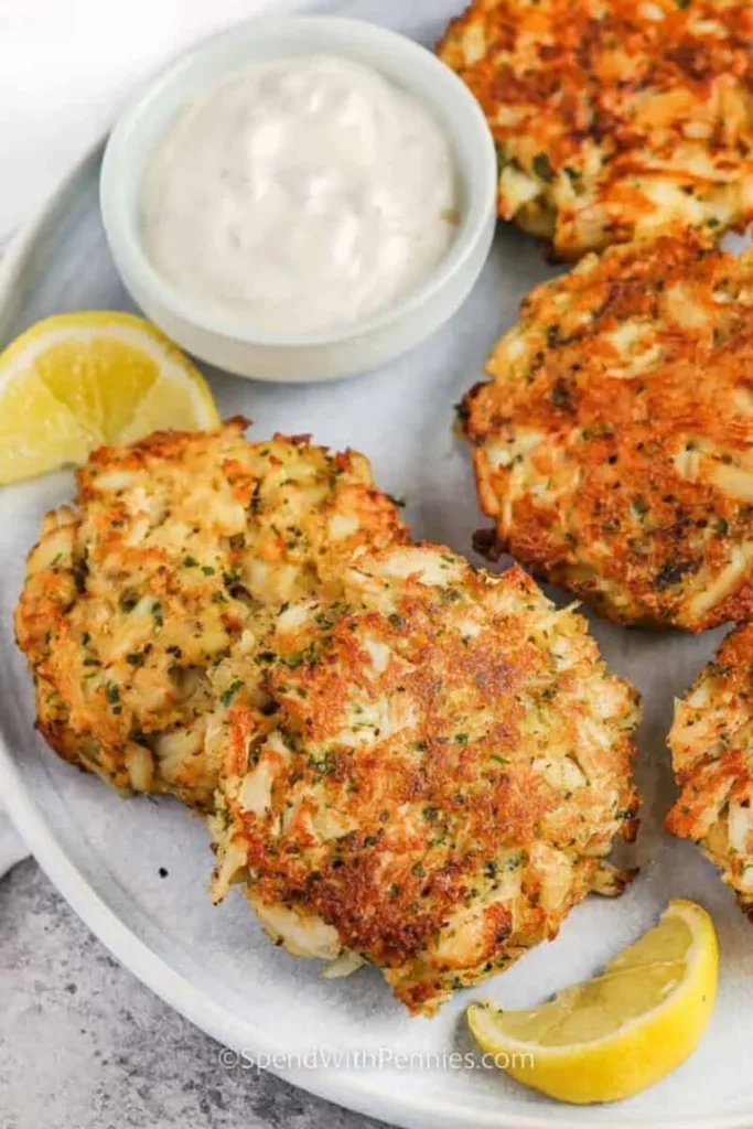 Delicious homemade crab cakes served with a side of lemon and tartar sauce.