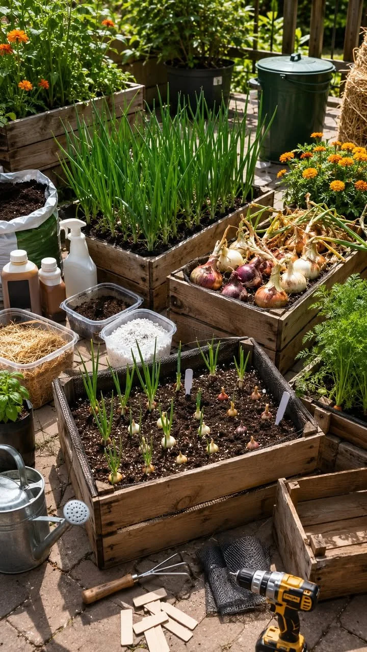 Crate Gardening for Green and Bulb Onions 1 Green and bulb onions growing in a crate garden setup.