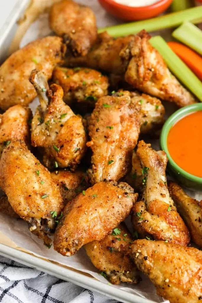 Crispy baked chicken wings served with dipping sauce on a platter.