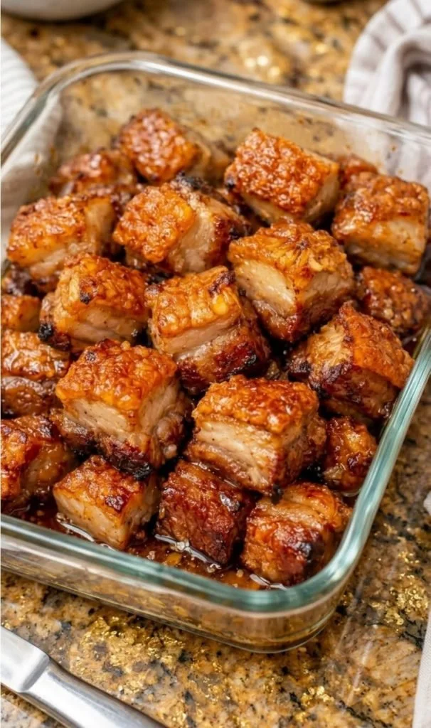 Crispy pork belly bites served on a plate, garnished with herbs.