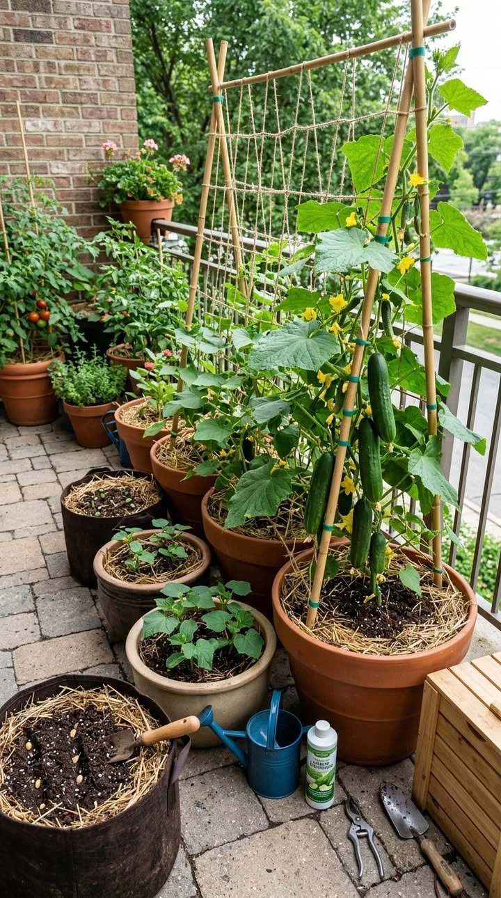 Cucumber Vines That Thrive in a Planter 1 Healthy cucumber vines thriving in a planter with lush green leaves and fruits.