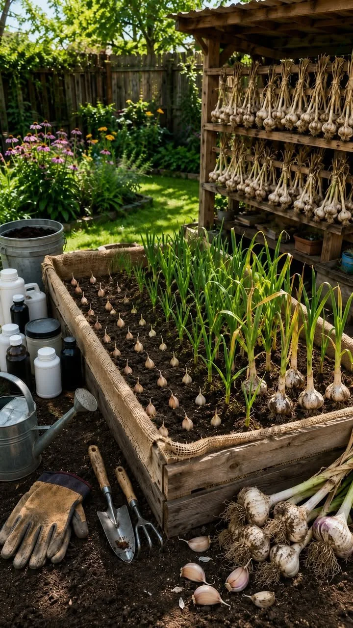 DIY Crate Setup for Fresh Backyard Garlic 1 DIY crate setup for growing fresh backyard garlic in a home garden.