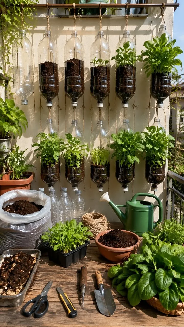 DIY hanging bottle garden showcasing spinach and herbs for home gardening