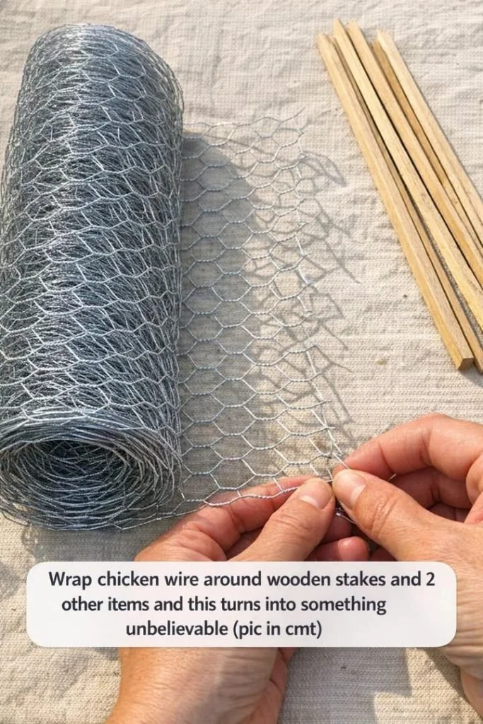 DIY living moss wall planter made with chicken wire and wooden stakes